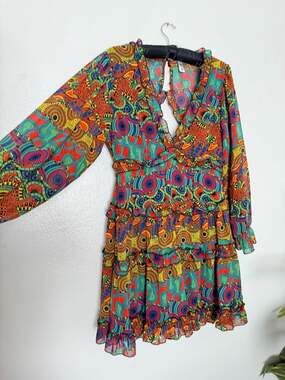 It's Fashion Colorful Patterned Long Sleeve Ruffle Mini Dress